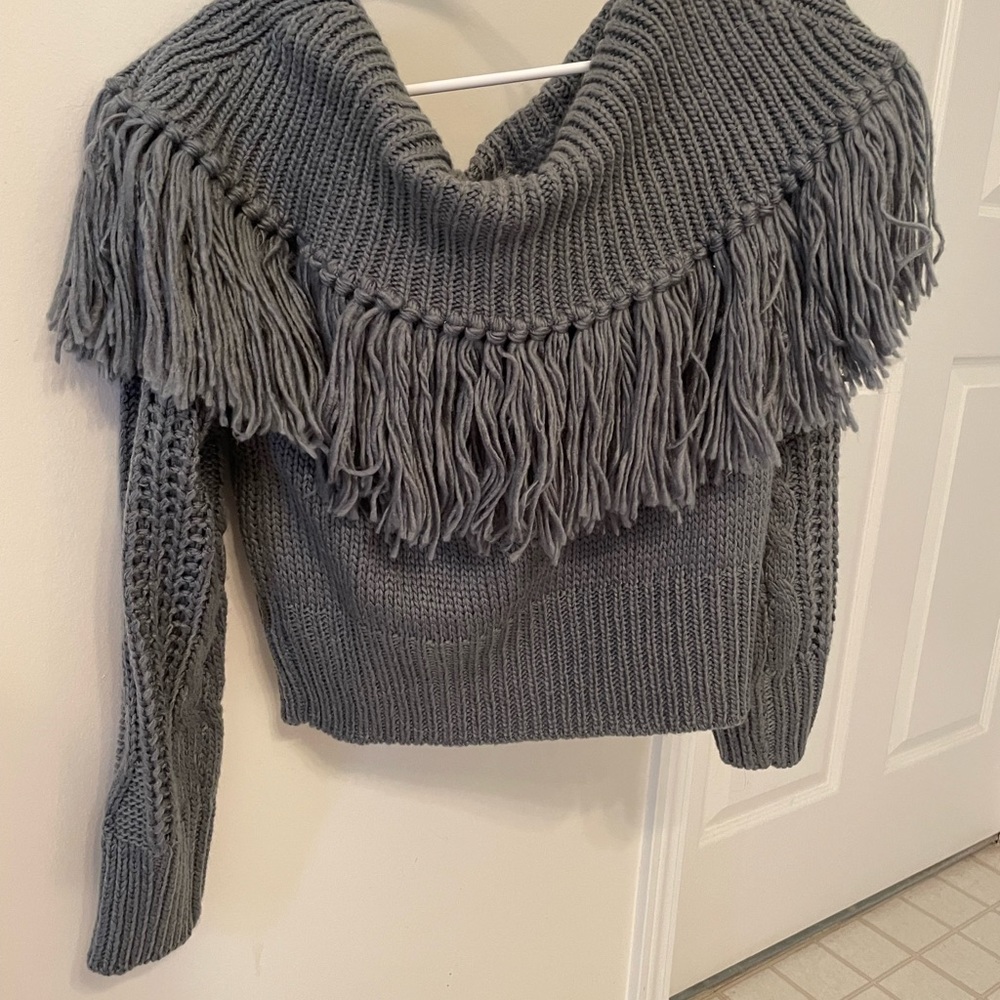 Grayish, blue off the shoulder sweater